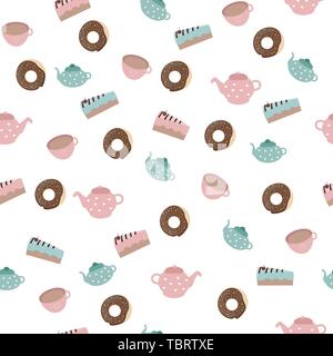 seamless pattern with food sweet cake donut coffee tea and a kettle of pink and blue for prints and textiles on a white background Stock Vector