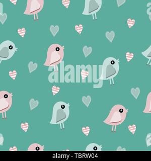 seamless pattern with birds and hearts for Valentine holiday and wedding for textiles on green background Stock Vector