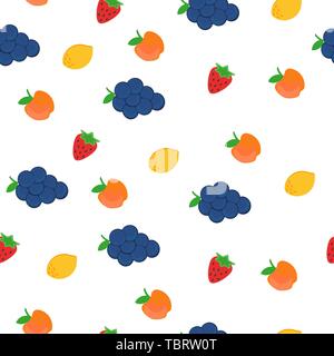 seamless pattern with fruits berries strawberries grapes apple for prints and textiles on a white background Stock Vector