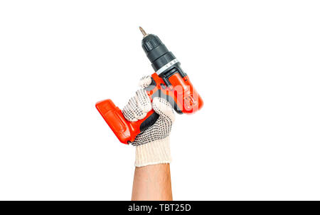 Tool. Hand in glove is holding electric drill isolated on white background. Stock Photo