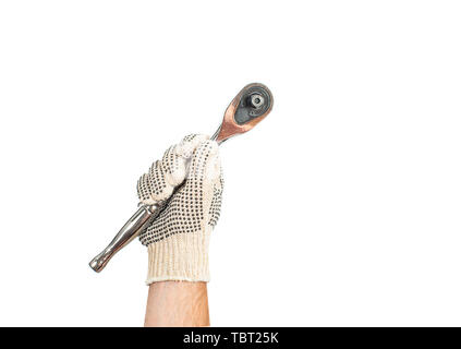 Tool. Hand in glove is holding socket wrench isolated on white background . Stock Photo