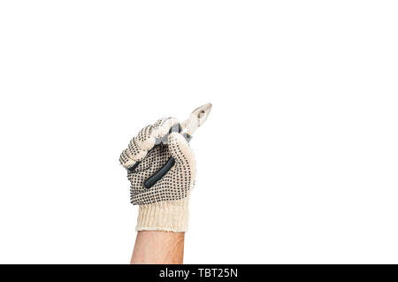 Tool. Hand in glove is holding pliers isolated on white background . Stock Photo
