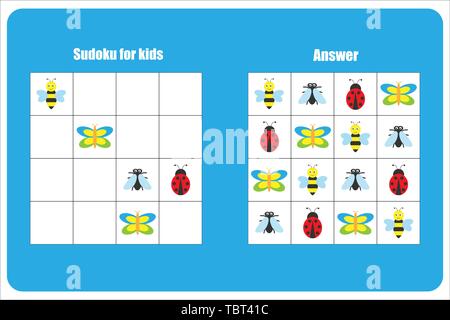 Sudoku game with insects for children, easy level, education game for kids, preschool worksheet activity, task for the development of logical thinking Stock Vector