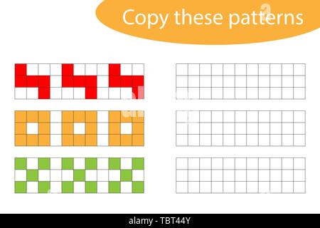 Copy these patterns, pixel art, drawing skills training, educational paper game for the development of children, kids preschool activity, printable wo Stock Vector