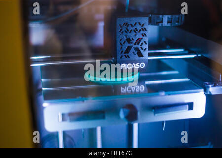 Three dimensional printing machine prints physical 3D model Stock Photo