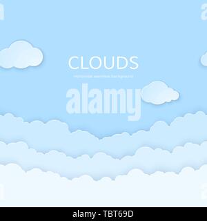 Abstract horizontal seamless paper clouds. Paper clouds on blue background. Vector illustration Stock Vector