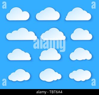 Abstract paper clouds set. White paper clouds design on blue background. Vector illustration Stock Vector