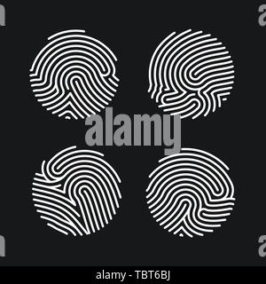 Set of Circle Fingerprint icons design for application. Personal Id for authorization. Finger print flat scan. Vector illustration isolated on black b Stock Vector