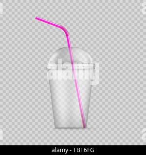 Transparent plastic disposable cup with straw. Disposable container for drink. Vector illustration isolated on transparent background Stock Vector