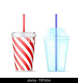 Plastic transparent disposable cup with blue straw for cocktail and red disposable container for ice drink. Vector illustration isolated on white back Stock Vector