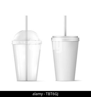 Plastic transparent disposable cup with straw for cocktail and disposable container for ice drink. Vector illustration isolated on white background Stock Vector