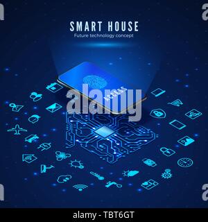 Smart House Concept. Smartphone with Fingerprint on Screen and Icons Set. Smart Home Monitoring and Control Systems. Vector Illustration Stock Vector