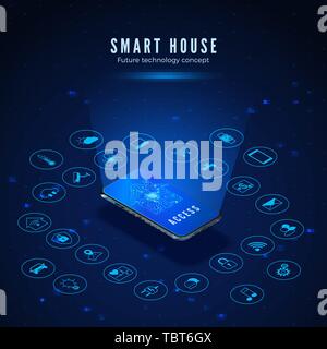 Smart House Concept. Smartphone with House Circuit Silhouette on Screen and Icons Set. Smart Home Monitoring and Control Systems. Vector Illustration Stock Vector