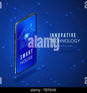 Mobile phone with smart house interface application. Circuit building silhouette on smartphone screen isometric banner. Vector illustration Stock Vector