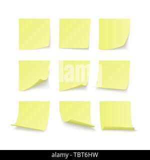 Set of yellow stuck stickers with space for text or message. Vector illustration isolated on white background Stock Vector