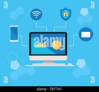 Computer keyboard  with media element network icon vector illustration.Desktop computer with online data connecting media.Connection media concept Stock Vector