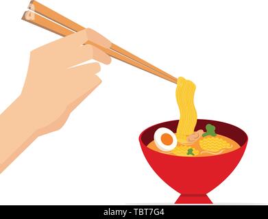 Hand hold chopsticks with delicious noodle in red bowl.Vector illustration.Tasty noodle wit soup.Asia traditional meal.Ramen with bowl Stock Vector