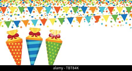 colorful confetti rain party flags and school cone on white background vector illustration EPS10 Stock Vector