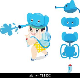 Kid funny play with elephant water gun in Songkran day Thailand festival.Charater child desgin with  water gun prop design vector illustration Stock Vector