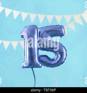 Happy 15th birthday party celebration blue balloon and bunting. 3D Render Stock Photo