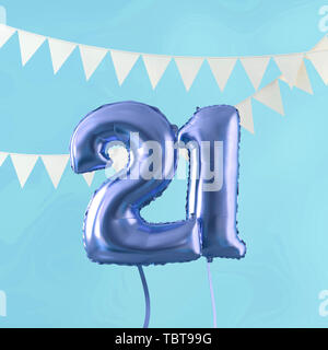 Happy 21st birthday party celebration blue balloon and bunting. 3D Render Stock Photo