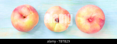 A panoramic view of vibrant organic flat saturn peaches, shot from above on a teal background Stock Photo