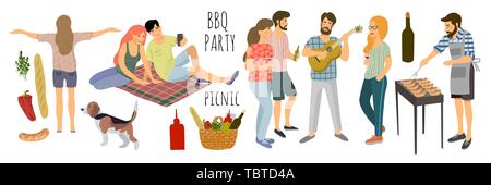 Picnic. Cute flat Vector illustration of isolated mans and womans resting on the nature on a white background. Drawing by hand active people weekend w Stock Vector