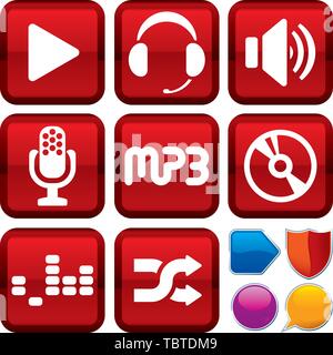 Vector illustration. Set of music icons on square buttons. Geometric style. Stock Vector