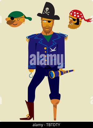 Vector illustration. Pirate cartoon with three interchangeable heads. Stock Vector