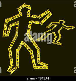 Vector illustration. Silhouette of murdered man made with police tape Stock Vector