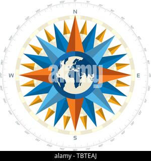 Vector illustration. Nautical windrose with earth icon inside. Detailed icon. Stock Vector