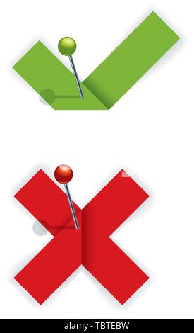 Vector illustration. Paper tick and cross symbols with shadows effect. Stock Vector