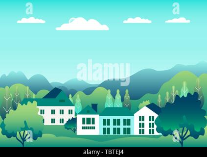Hills and mountains landscape with house farm in flat style design. Forest in valley illustration. Green fields, meadow, tree, blue sky and sun. Rural Stock Vector
