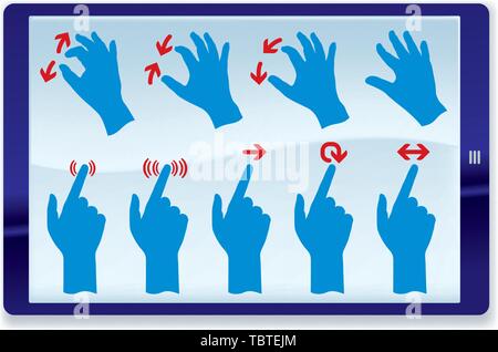 Vector illustration. Hand icons with arrows into a tablet. Gesture symbols. Stock Vector