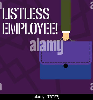Text sign showing Listless Employee. Business photo showcasing an employee who having no energy and enthusiasm to work Businessman Hand Carrying Color Stock Photo