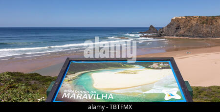 Sign at mirador viewpoint over Maravilha beach, Praia de Odeceixe, Algarve, Portugal, Southern Europe Stock Photo