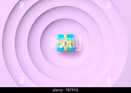 Blue gift box over a purple geometric pattern, top view Stock Photo