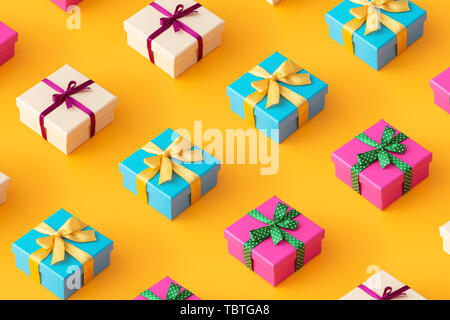 Multiple gift boxes organized over yellow background, top view Stock Photo