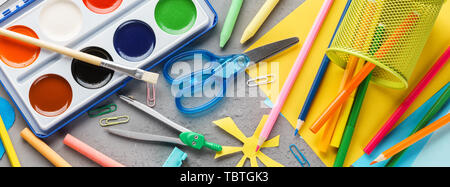 Set of colorful stationery supplies for school and children creation. Back to school concept. Banner. Stock Photo