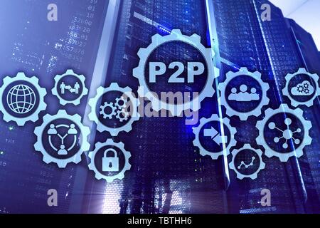 Peer to peer. P2P on the virtual screen with a server room background. Stock Photo