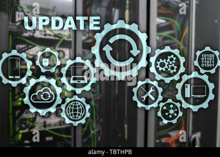 Update Software Computer on Virtual Screen Server Room Datacenter Background. Technology Updating Concept. Stock Photo