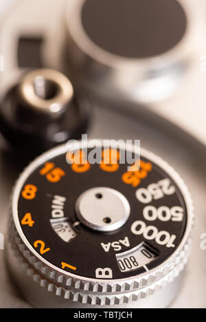 old antique SLR roll camera close up Stock Photo