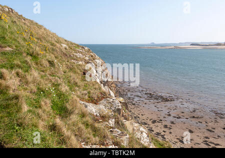 Looking south down the coast from Holy Island, Lindisfarne, Northumberland, England, UK towards Bamburgh Castle in distance Stock Photo