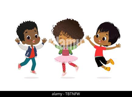 African American Boys and girls are playing together happily. Kids Play at the grass. Children Holding hands and jumping. The concept is fun and Stock Vector