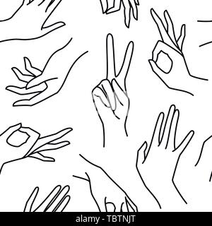 Woman's hand line black and white seamless pattern. Vector endless background of female hands of different gestures - victory, okay. Lineart in a minimalist style To print on fabric, packaging Stock Vector