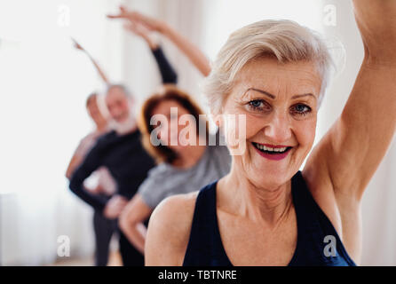 Group of senior people doing exercise in community center club. Stock Photo