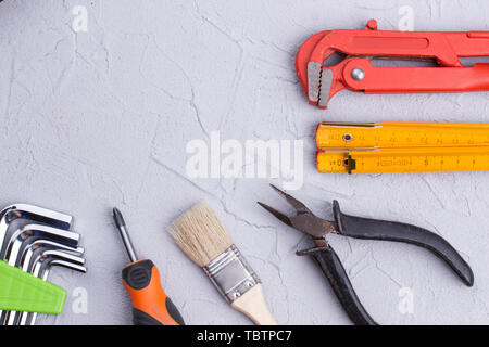 Various construction tools and copy space. Carpenter tools and instruments. Space for text. Stock Photo