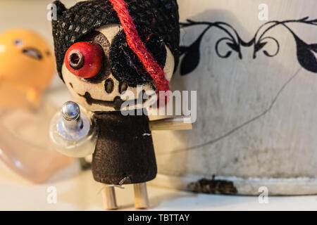 wood toy figure display on table Stock Photo