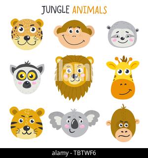 Vector set of cute faces of animals from jungle Stock Vector