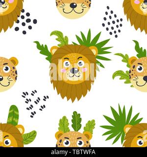 Seamless pattern with cute lions and leopards Stock Vector